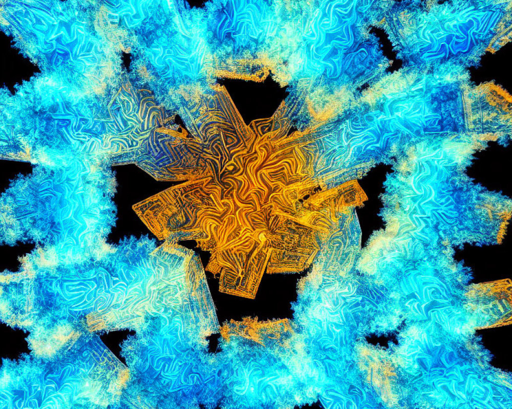 Colorful Fractal Image with Golden Star Pattern and Radiating Blue and Black Designs