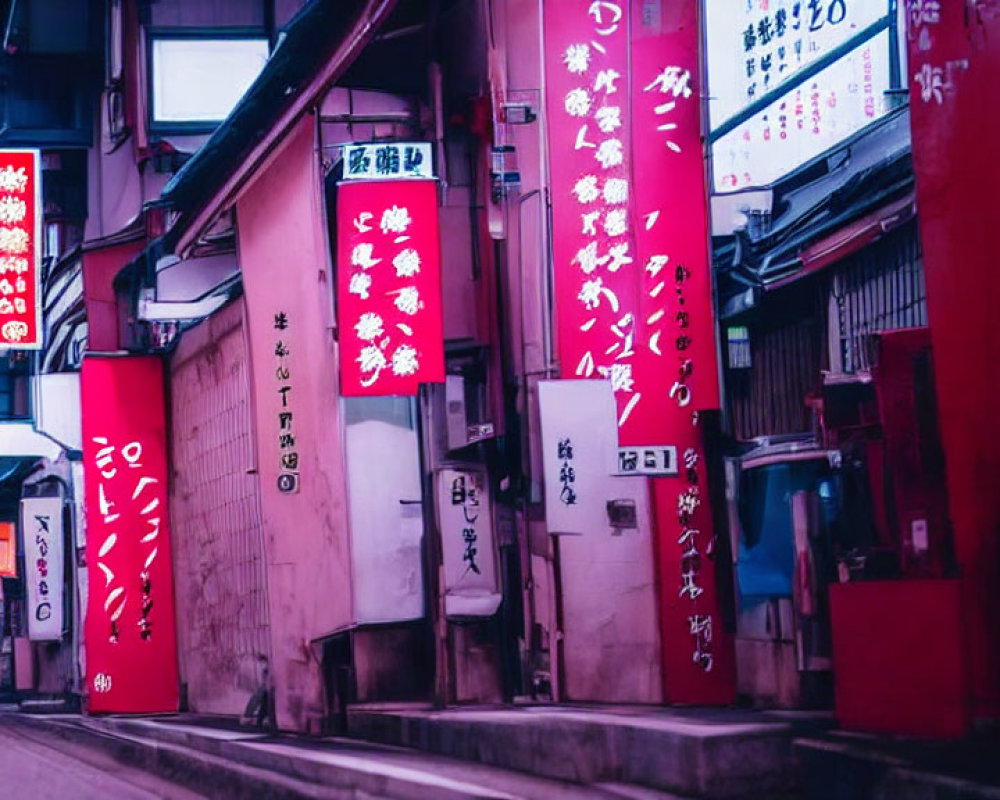 Neon red signs and lanterns light up Japanese street at dusk