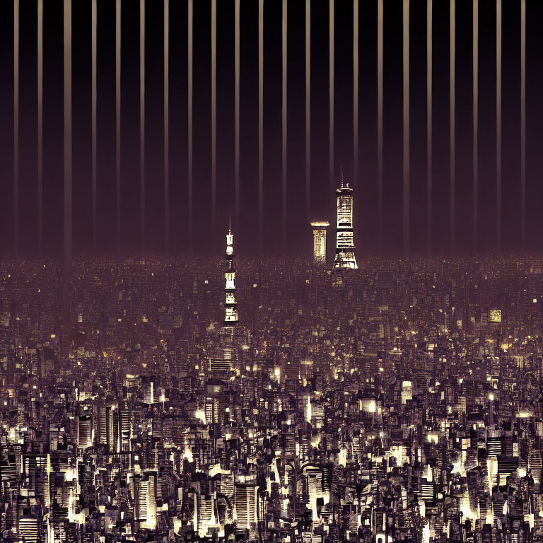 Surreal abstract cityscape with two towers under dark sky