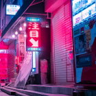 Neon red signs and lanterns light up Japanese street at dusk