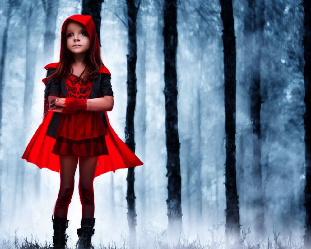 Young girl in Red Riding Hood costume in misty forest.