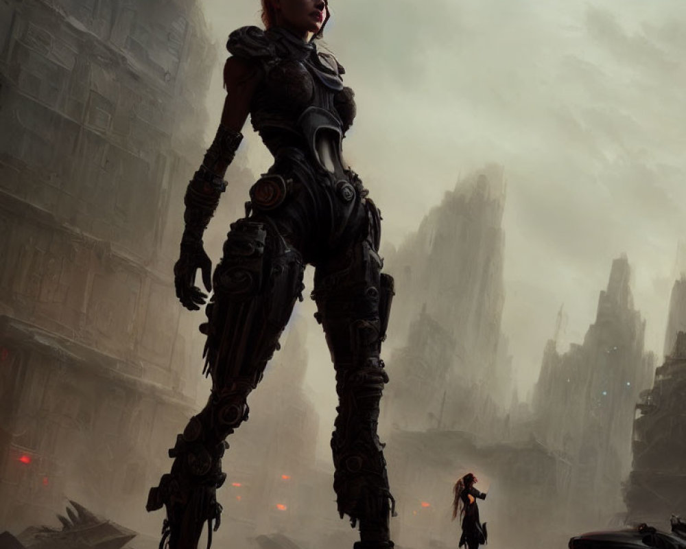 Futuristic female warrior in advanced armor in dystopian cityscape