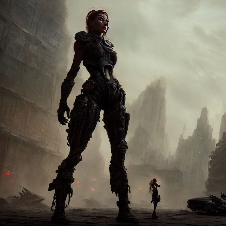 Futuristic female warrior in advanced armor in dystopian cityscape