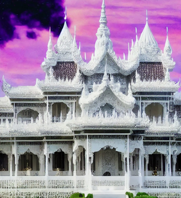 White ornate temple with intricate carvings under purple sky