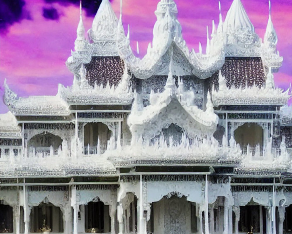 White ornate temple with intricate carvings under purple sky