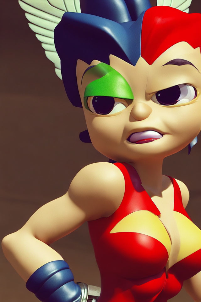 Exaggerated 3D animated character with blue hair and red outfit