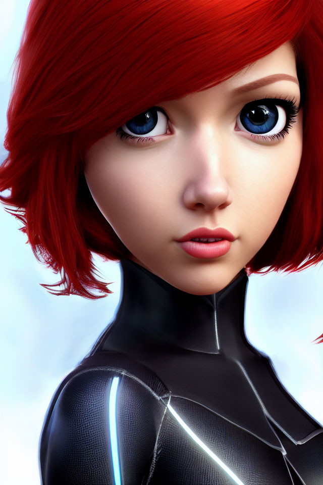 Digital portrait: Female character with red hair, blue eyes, black suit with glowing blue lines