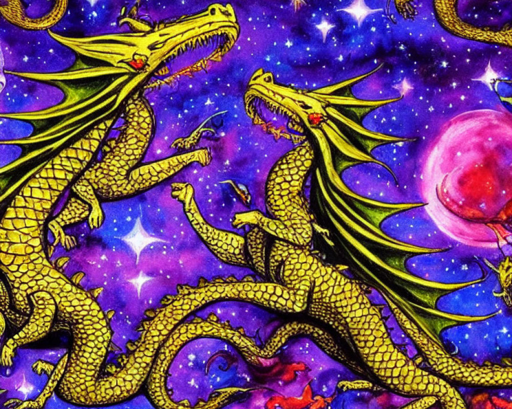 Two elongated dragons in cosmic setting with stars and pink planet in vibrant art style