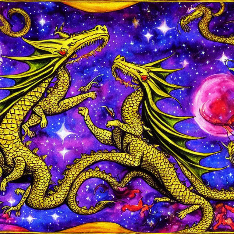 Two elongated dragons in cosmic setting with stars and pink planet in vibrant art style