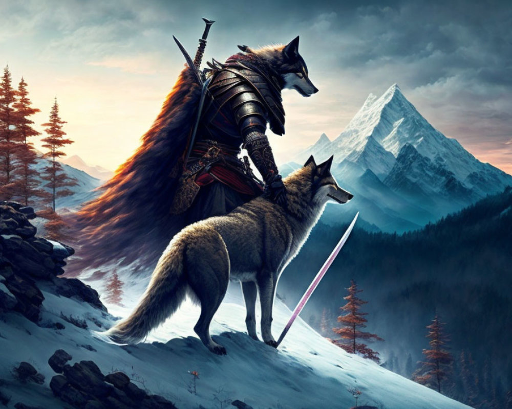 Armored warrior with wolf head and companion wolf in snowy mountain twilight.