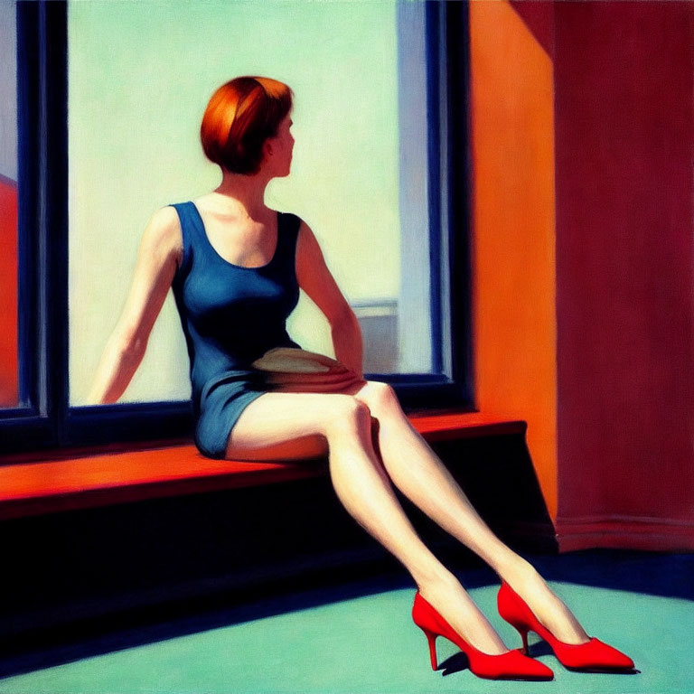 Woman in blue dress and red heels gazes out window in bright room with shadows