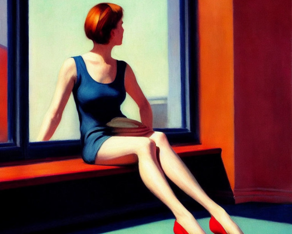 Woman in blue dress and red heels gazes out window in bright room with shadows