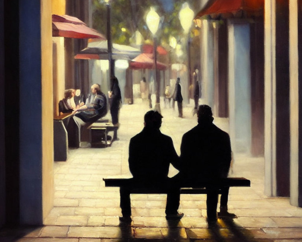 Street scene painting with two individuals on bench under red umbrellas