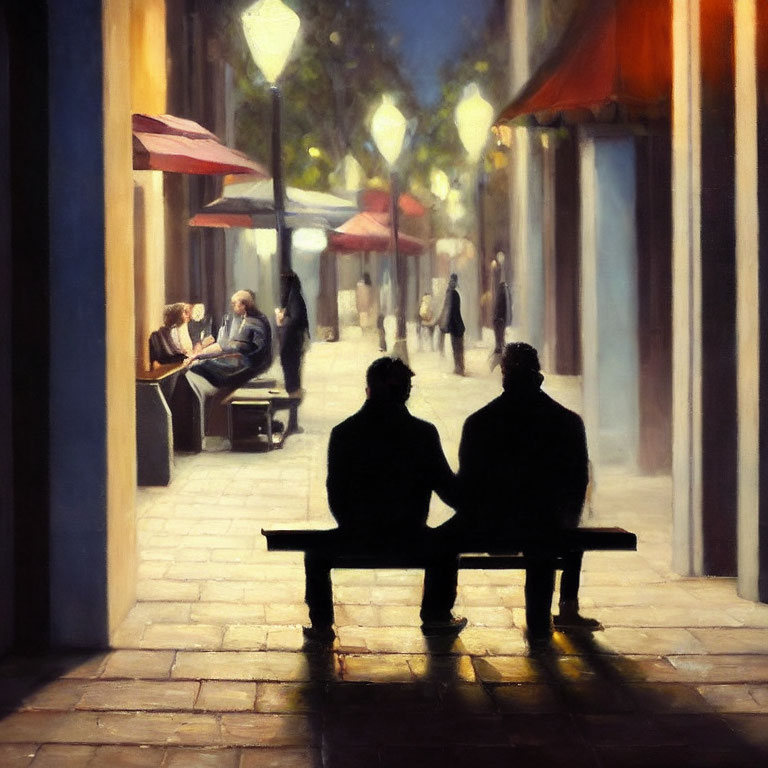 Street scene painting with two individuals on bench under red umbrellas