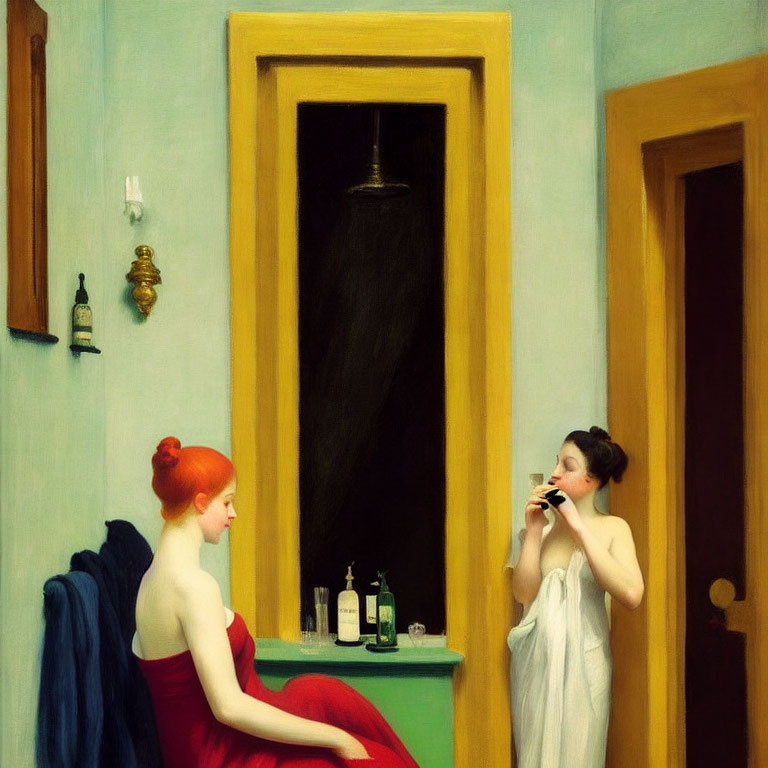 Two women in a room with pastel-colored walls; one in a red dress, the other in