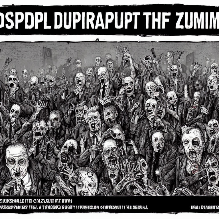 Monochrome illustration of distressed zombies with illegible text