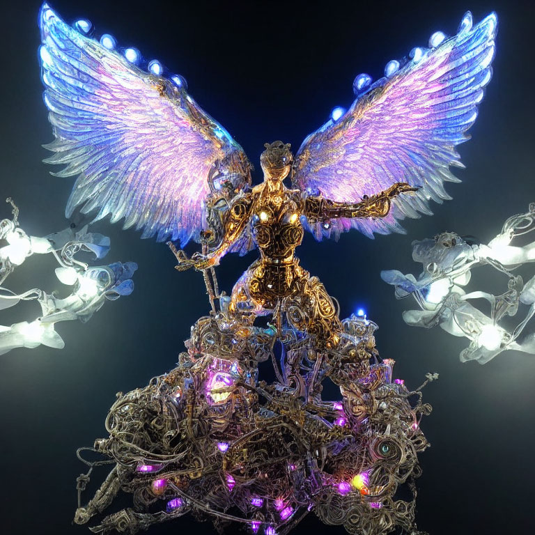 Armored angel sculpture with blue wings on metallic base and ethereal figures