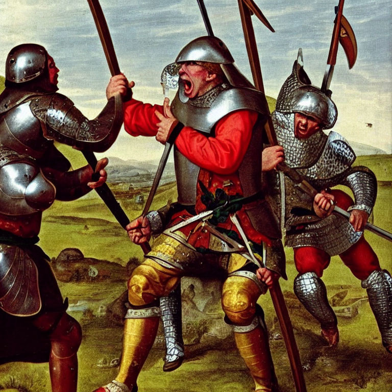 Medieval knights in battle with one wounded by an arrow.