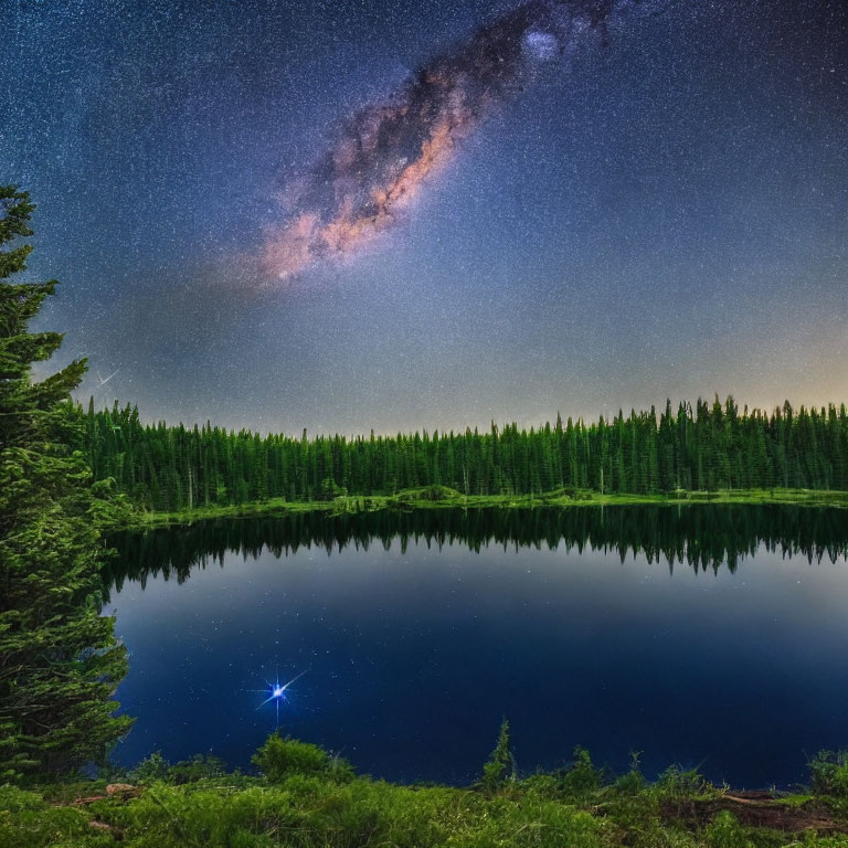 Tranquil night sky with Milky Way over forest lake