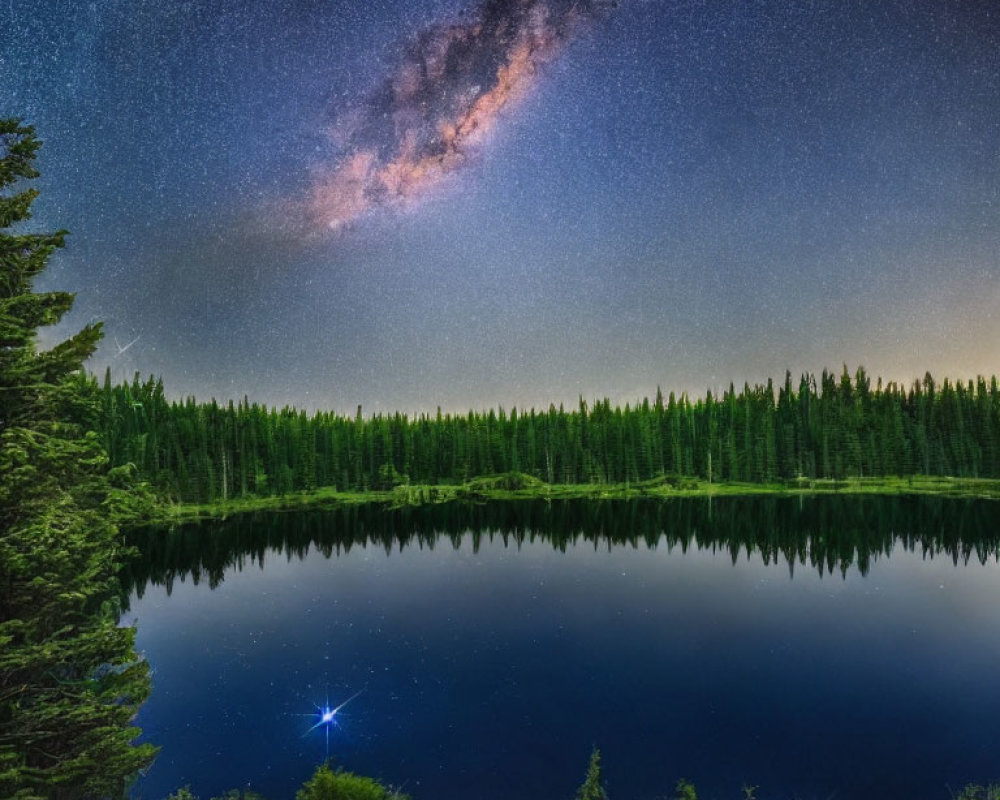 Tranquil night sky with Milky Way over forest lake