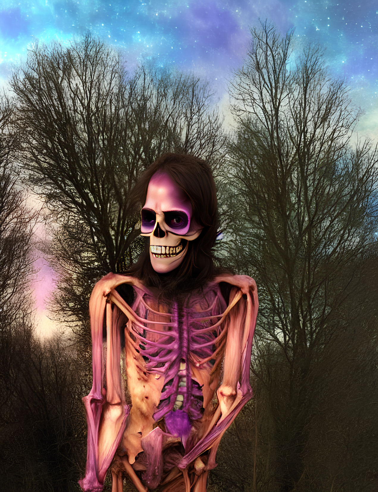 Digital artwork: Skeleton in pink hues under starry sky