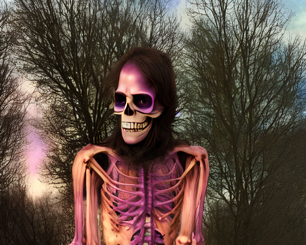 Digital artwork: Skeleton in pink hues under starry sky