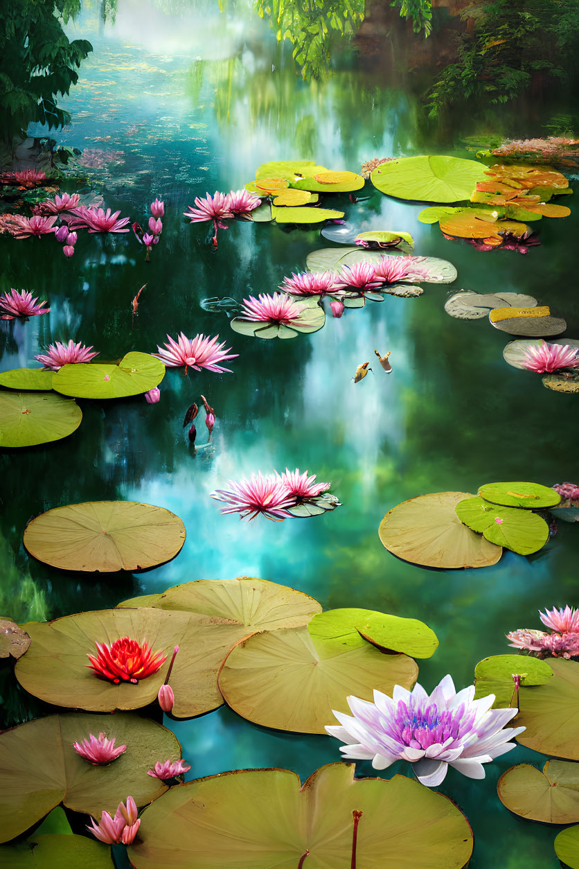 Tranquil pond with green lily pads and pink water lilies under misty cascade