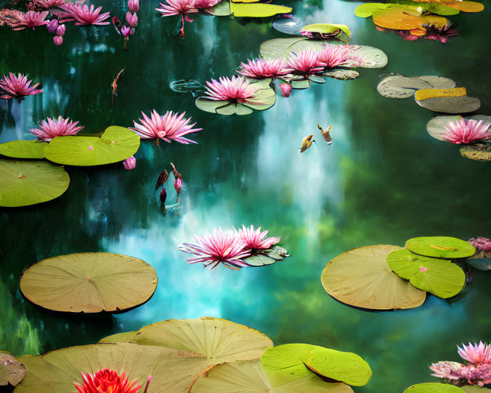 Tranquil pond with green lily pads and pink water lilies under misty cascade