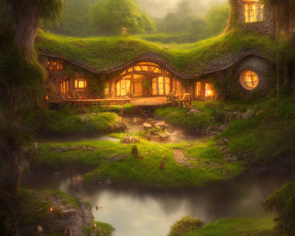 Twilight scene of whimsical cottage in lush landscape