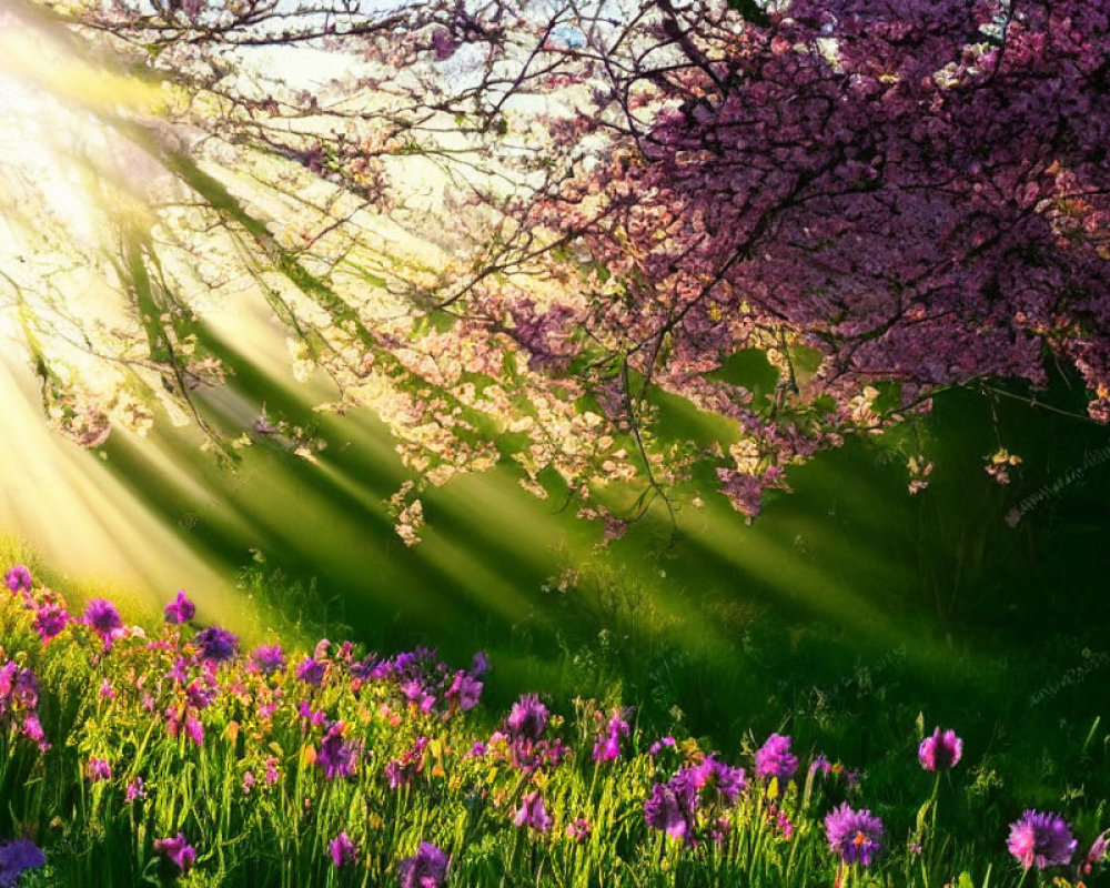 Bright sunlight illuminates cherry tree and purple flowers