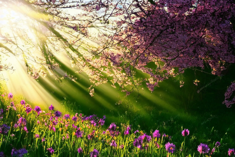 Bright sunlight illuminates cherry tree and purple flowers