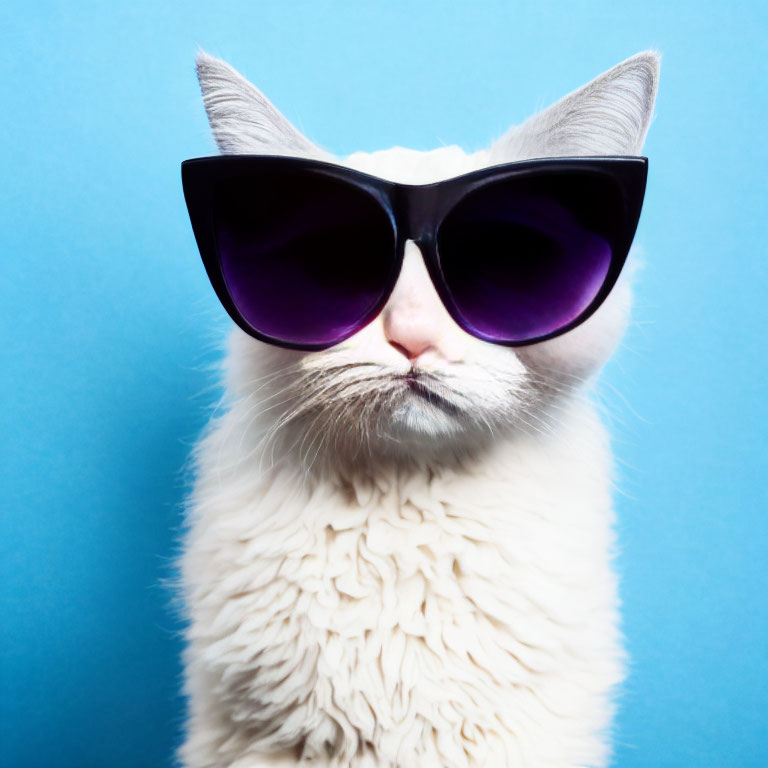 Fluffy white cat with oversized sunglasses on blue background