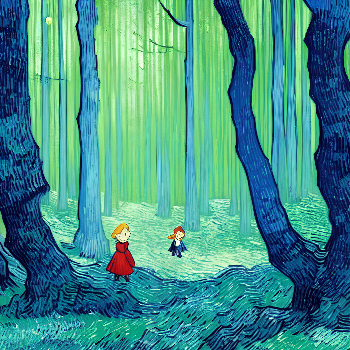 Vibrant whimsical forest with stylized characters