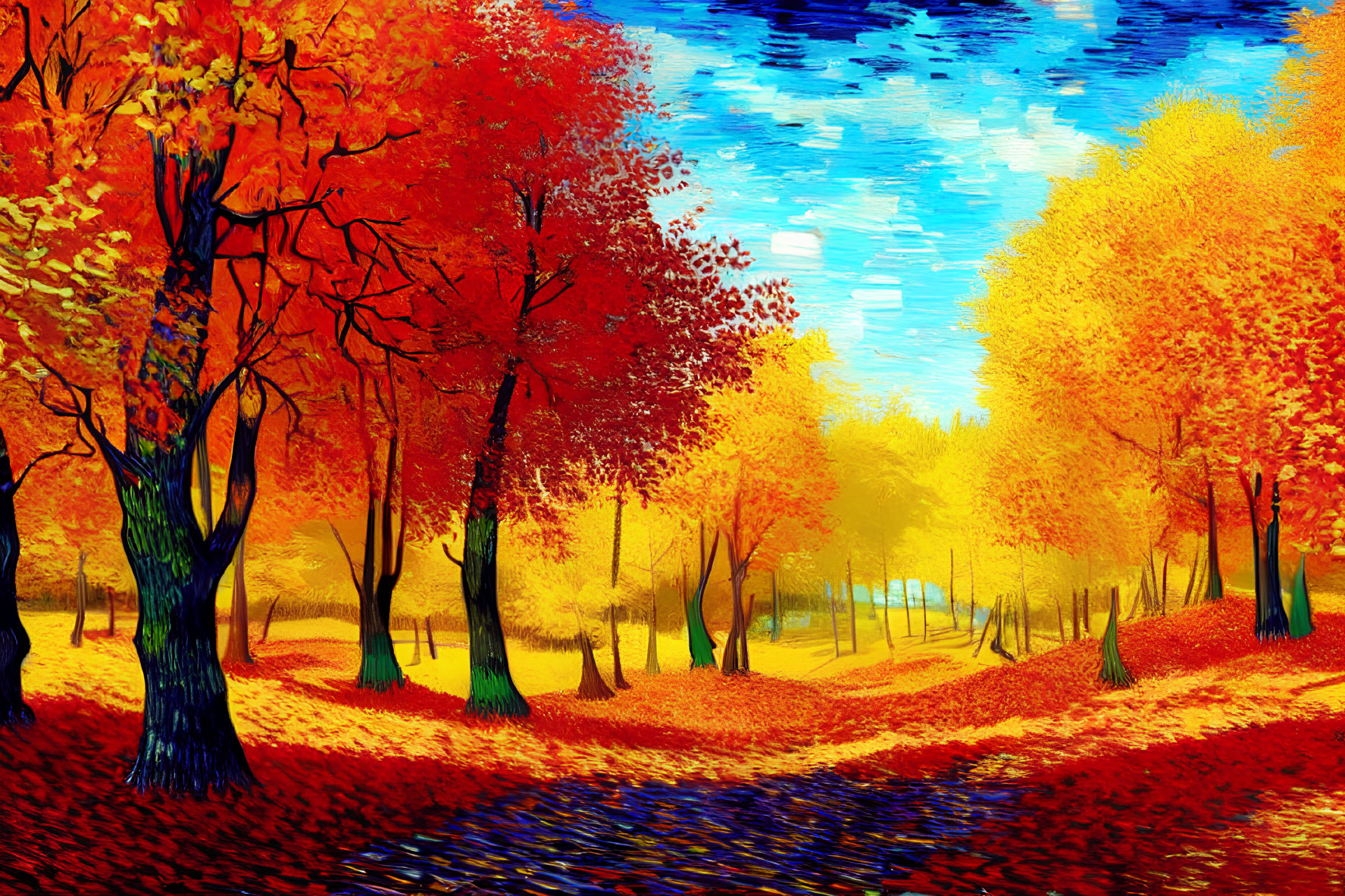 Colorful Autumn Landscape: Trees in Red, Orange, and Yellow by Tranquil Blue River