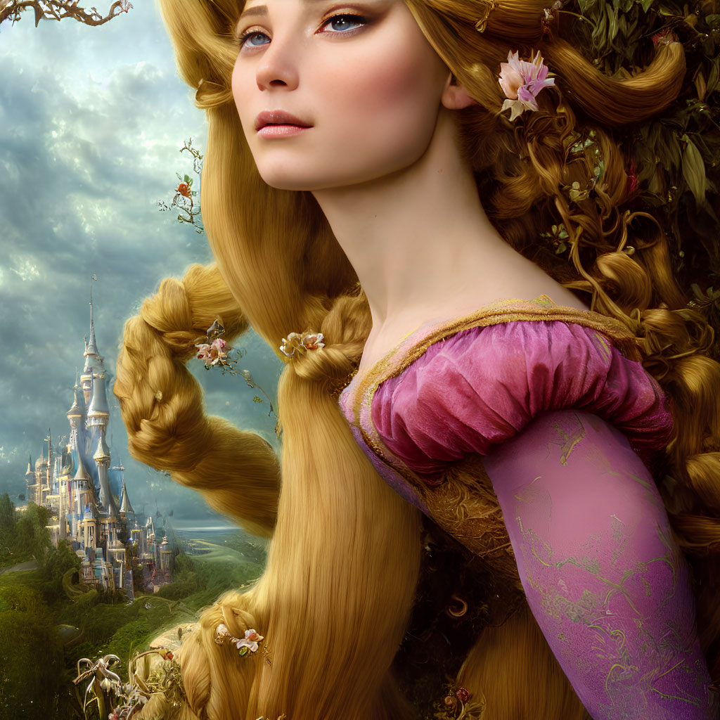 Golden-haired woman in medieval dress by enchanting castle