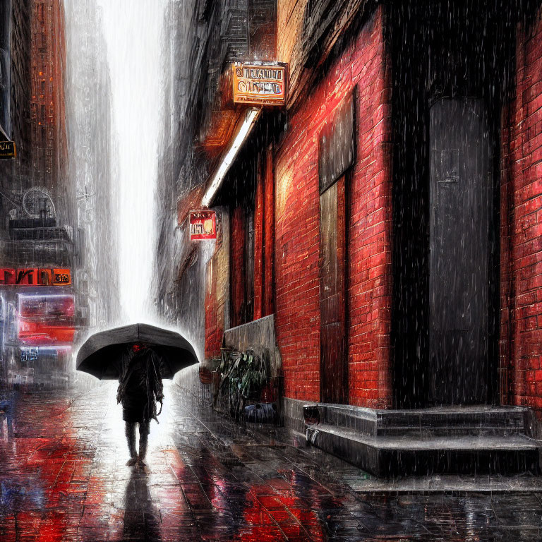 Person with umbrella walking on rain-drenched street beside red building in city lights glow