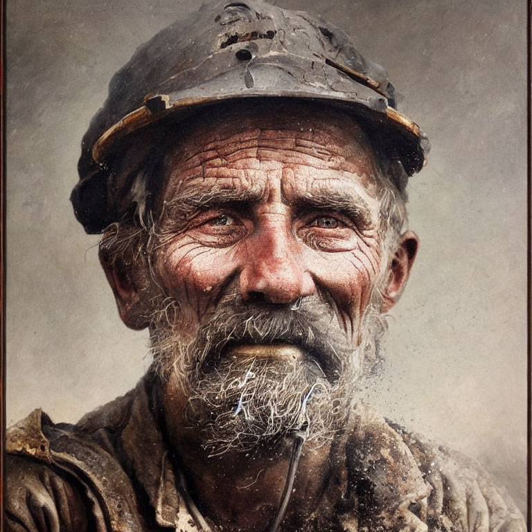 Elderly weathered miner with soot-covered face and hard hat gazes intently