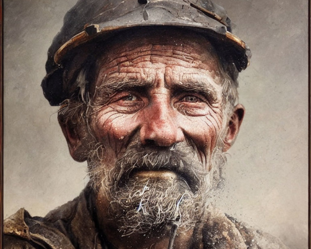 Elderly weathered miner with soot-covered face and hard hat gazes intently