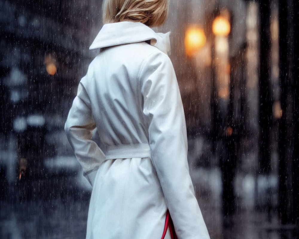 Person in White Coat Carrying Red Bag in Rainy City Scene