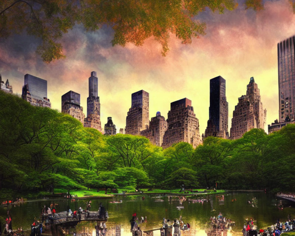 Central Park Pond with People and New York Skyscrapers at Twilight