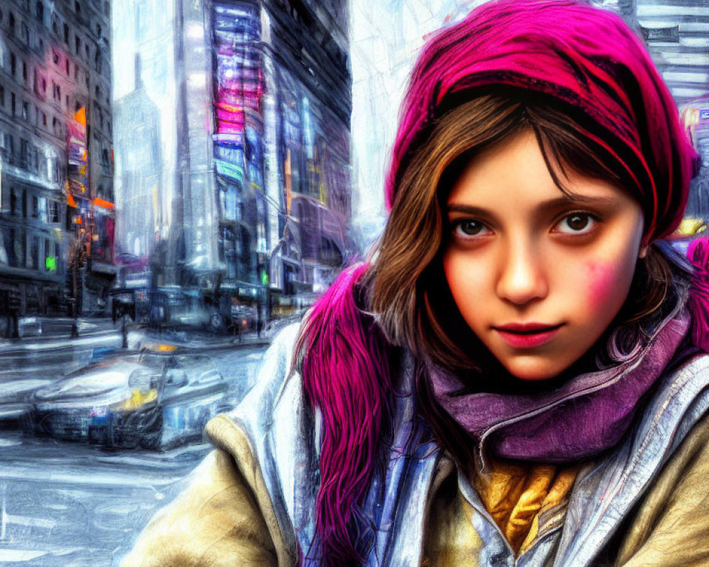 Stylized portrait: Young girl with magenta headscarf, gazing at viewer against city