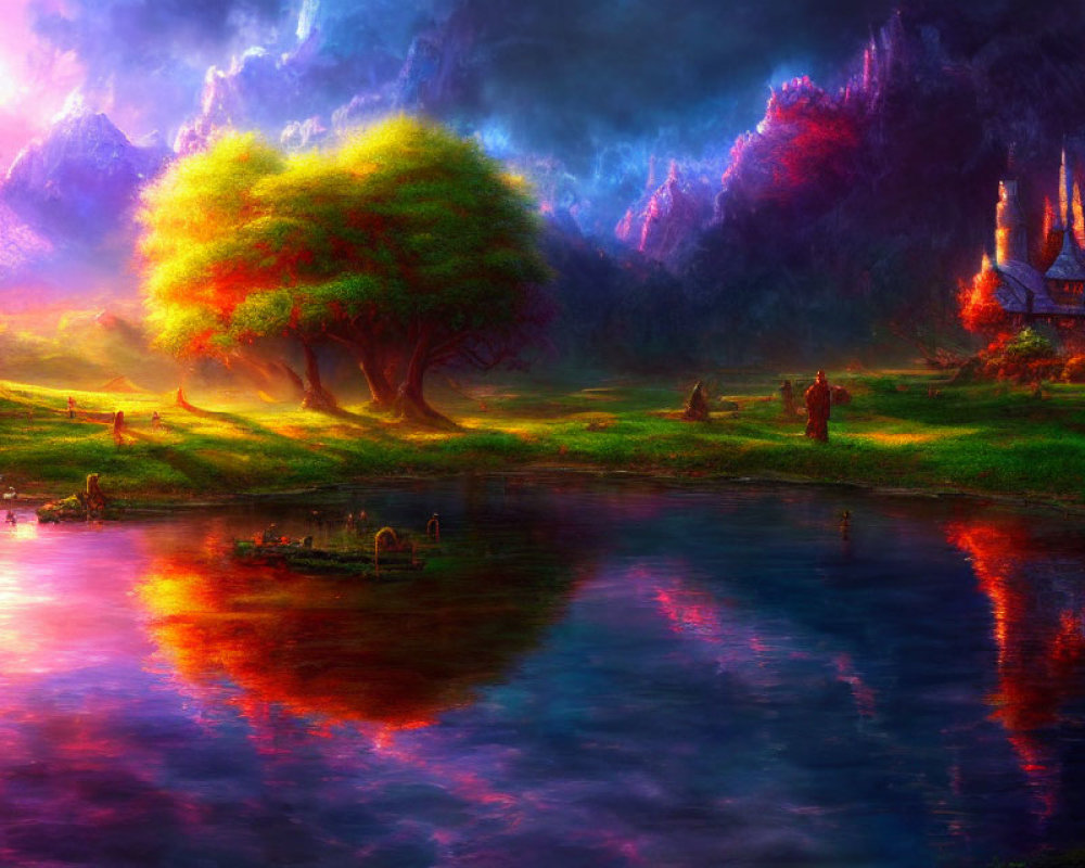 Colorful Fantasy Landscape with Luminous Lake and Castle Against Mountainous Backdrop