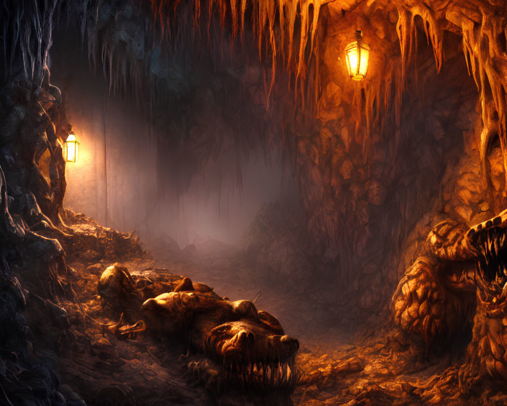 Dimly lit cave with lanterns, stalactites, and skeletal remains