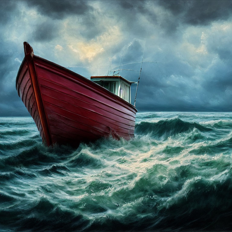 Red Boat with Small Cabin Rocking in Dark Blue Waves and Stormy Sky