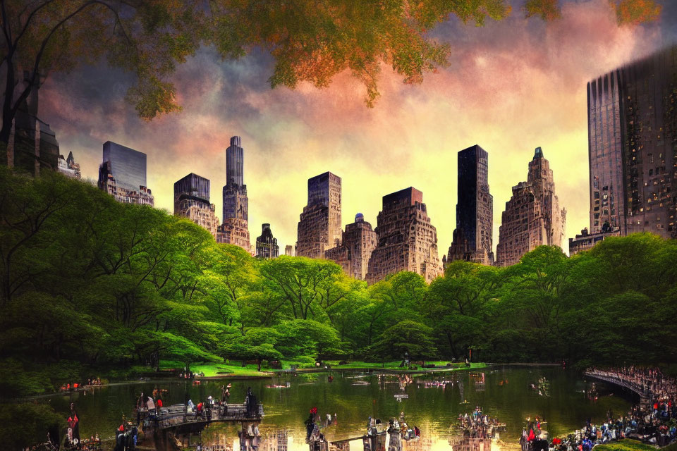 Central Park Pond with People and New York Skyscrapers at Twilight