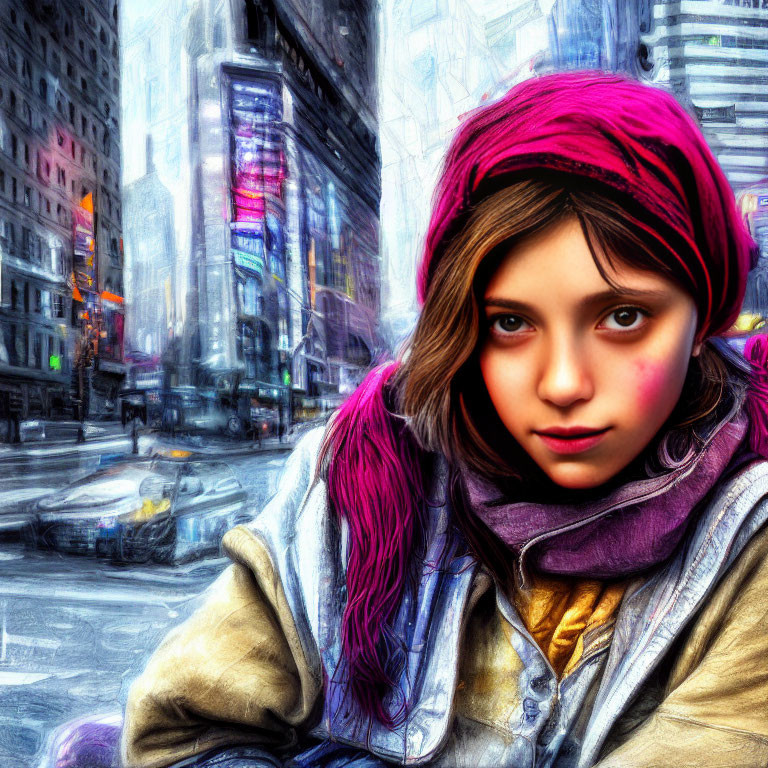 Stylized portrait: Young girl with magenta headscarf, gazing at viewer against city