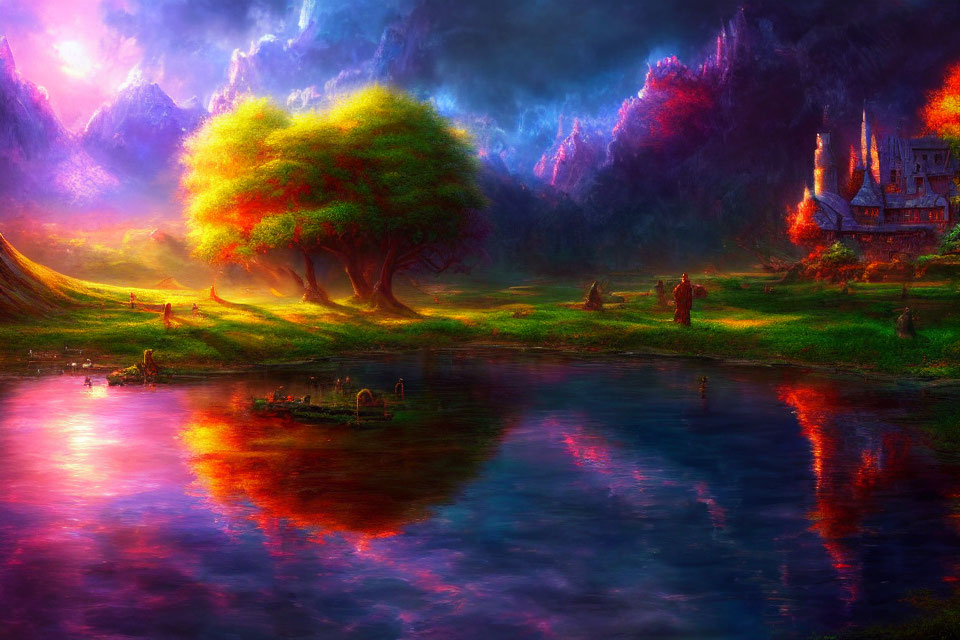 Colorful Fantasy Landscape with Luminous Lake and Castle Against Mountainous Backdrop