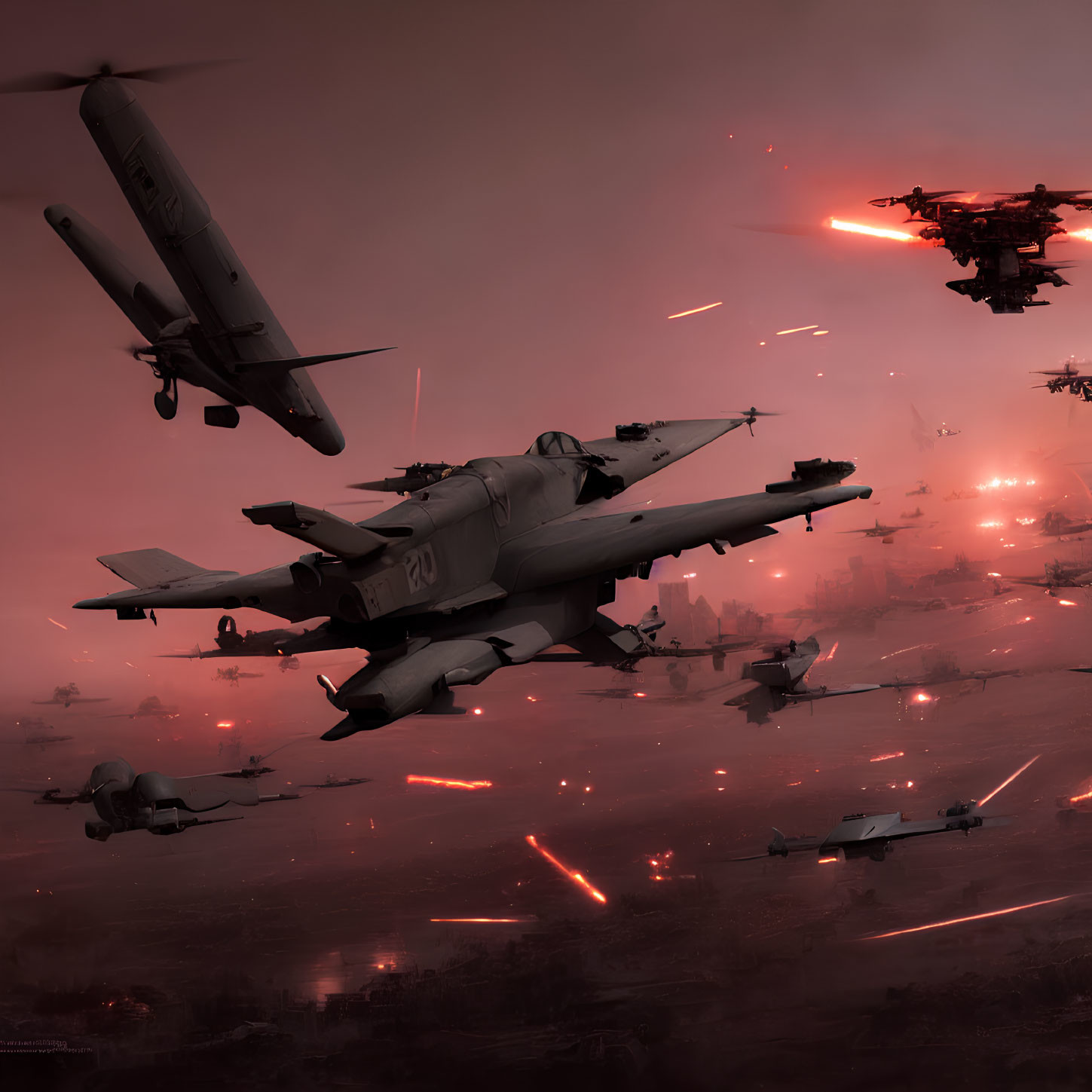 Futuristic air combat with aircraft and drones in red-tinted sky