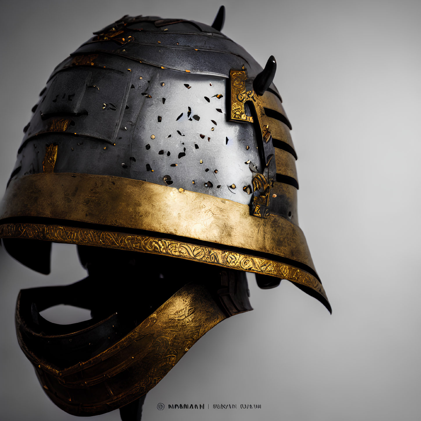 Medieval knight's helmet with gold trim and rivet details on grey background