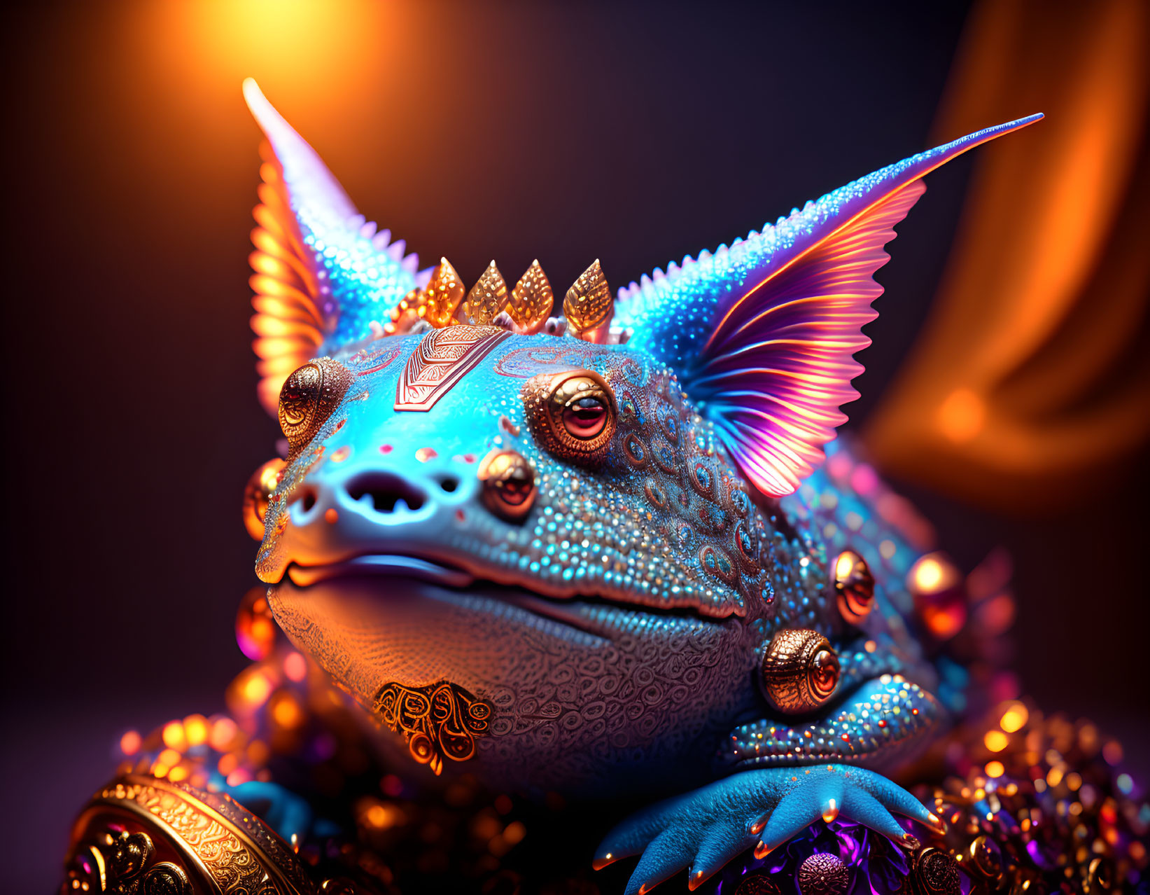 Fantastical dragon-like creature with frog features in colorful digital art